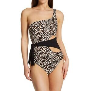 [Vince Camuto] Tanzania One Shoulder Cheetah Print Side Tie Cutout Swimsuit Sz 6
